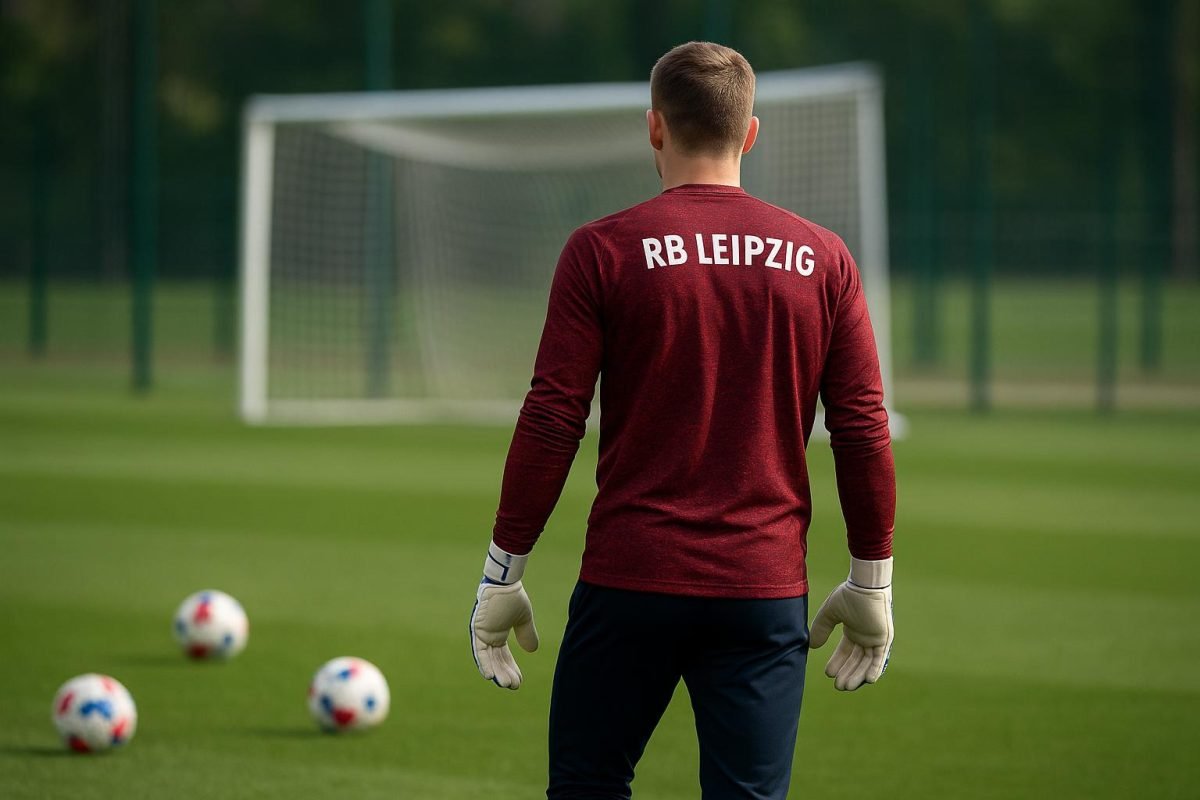 Maarten Vandevoordt in doelmanstenue bij RB Leipzig tijdens een trainingsmoment
