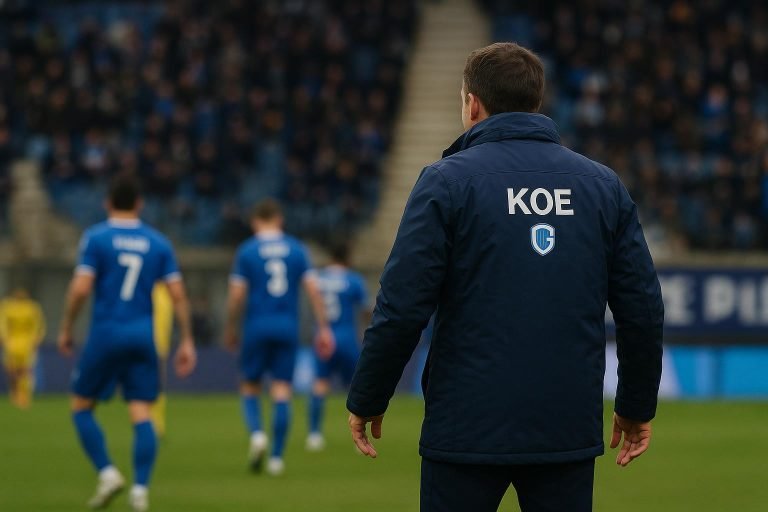 Coach Nicky Hayen van KRC Genk langs de zijlijn tijdens een wedstrijd