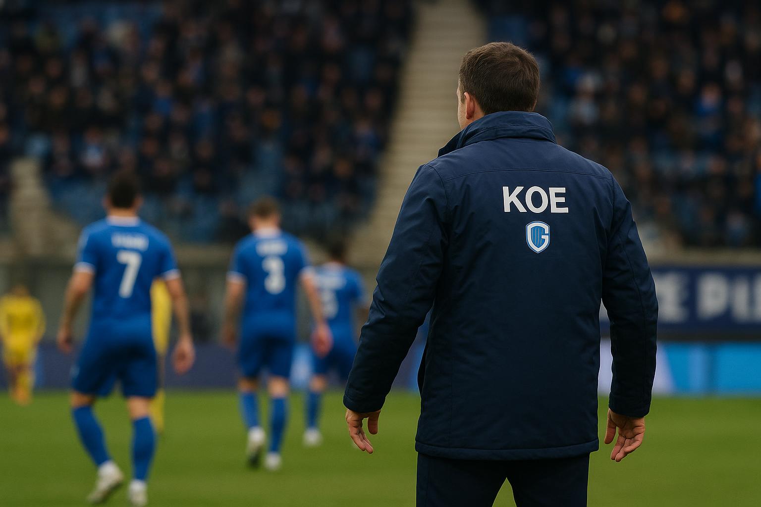 Coach Nicky Hayen van KRC Genk langs de zijlijn tijdens een wedstrijd