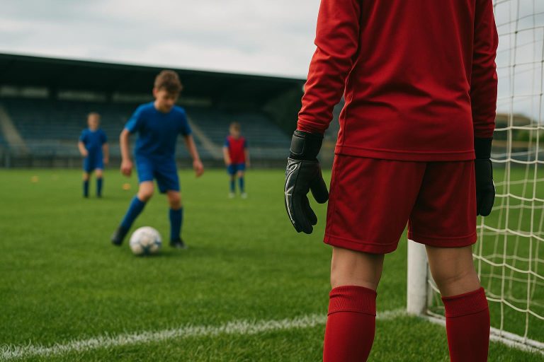 Jeugdkeeper met handschoenen in een doel tijdens een jeugdtraining