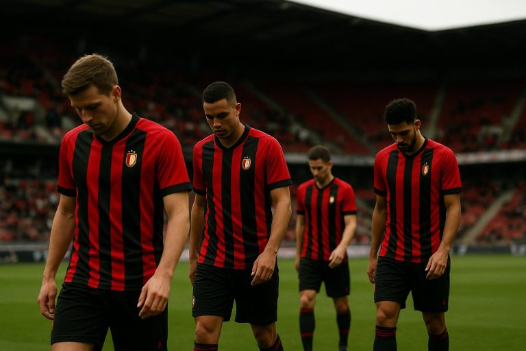 Teleurgestelde spelers van Standard na een gemiste kans tijdens een wedstrijd