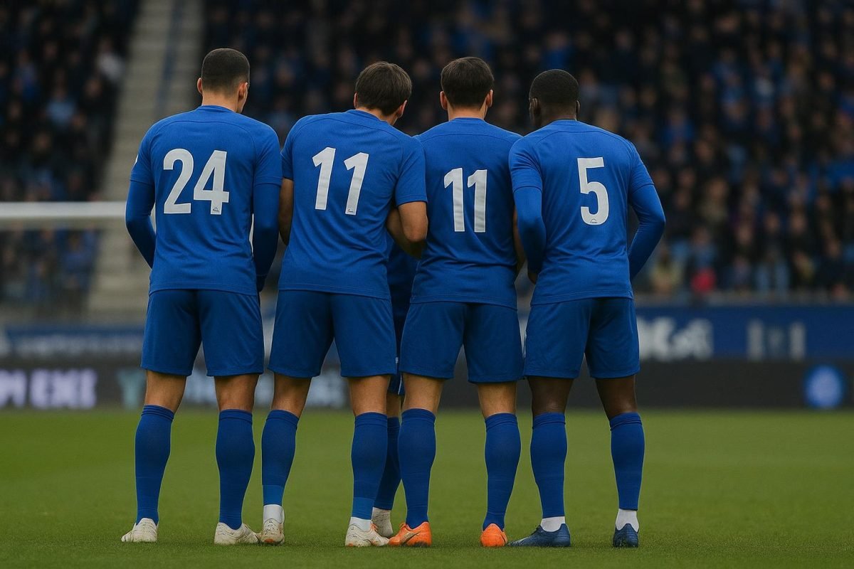 Spelers van KRC Genk in wedstrijdactie terwijl ze compact verdedigen in het stadion