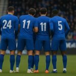 Spelers van KRC Genk in wedstrijdactie terwijl ze compact verdedigen in het stadion