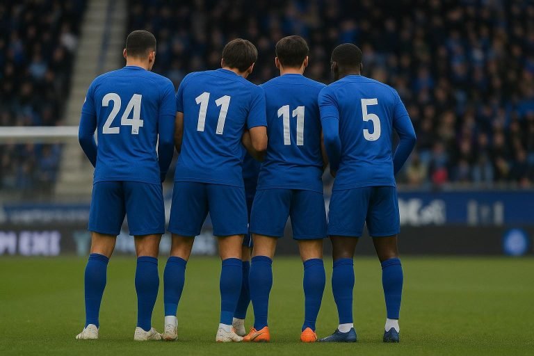 Spelers van KRC Genk in wedstrijdactie terwijl ze compact verdedigen in het stadion