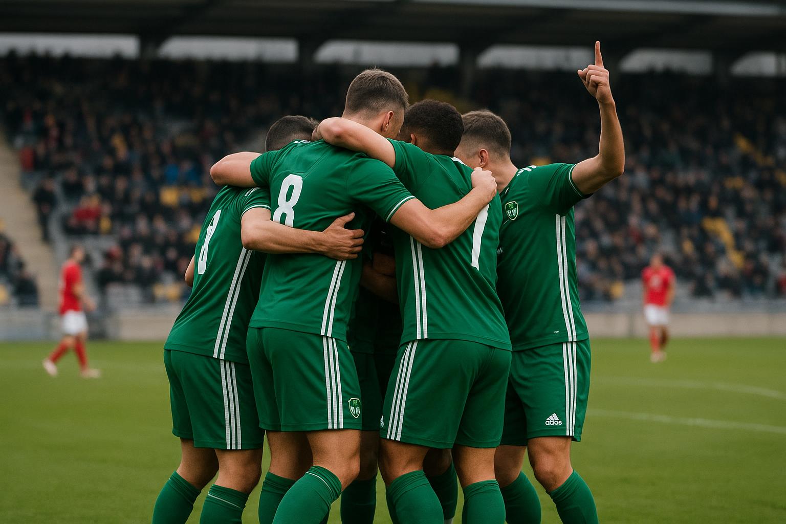 Spelers van La Louvière vieren samen na een belangrijke goal