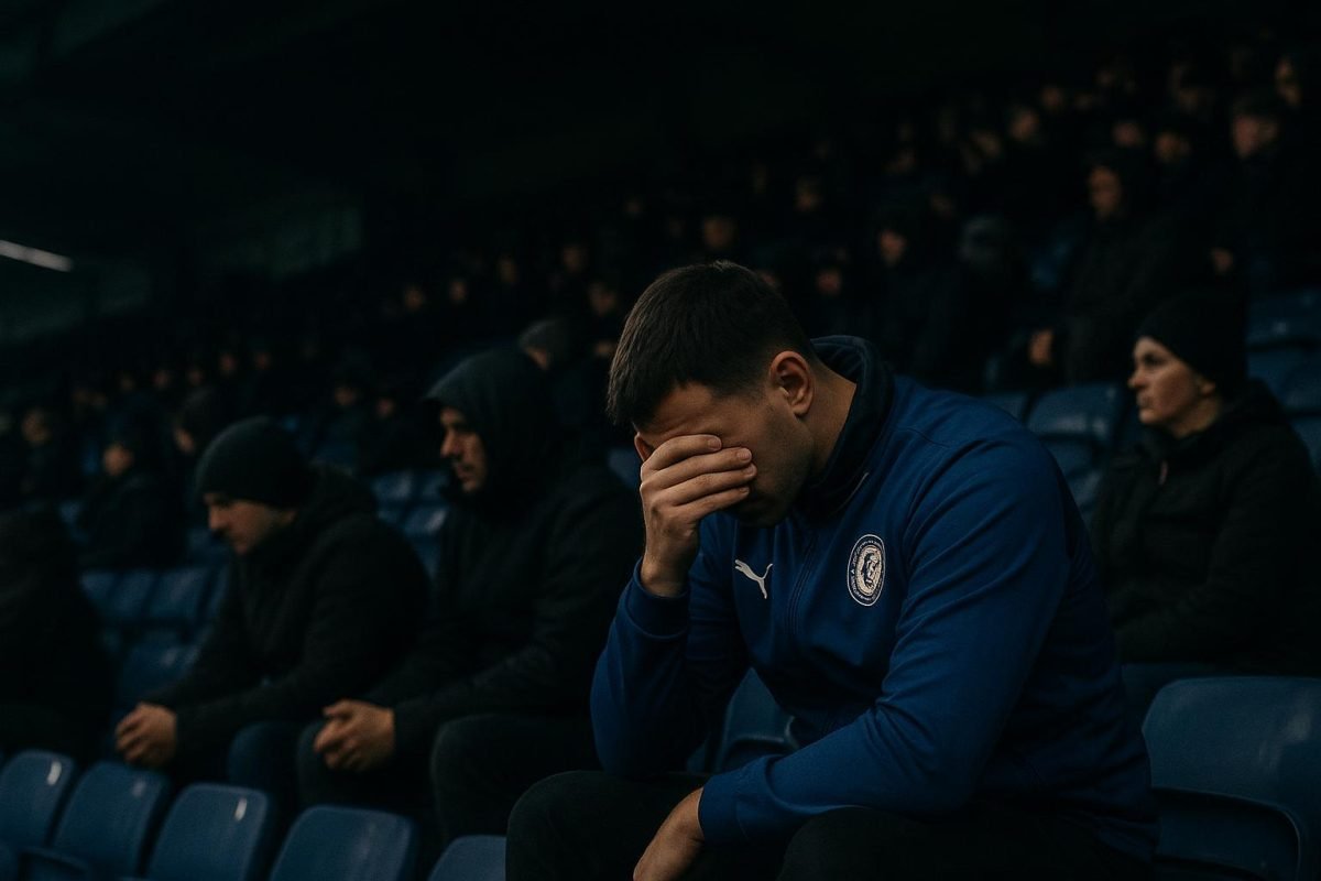 Supporters van KAA Gent op de tribunes in de Planet Group arena in een ingetogen rouwsfeer