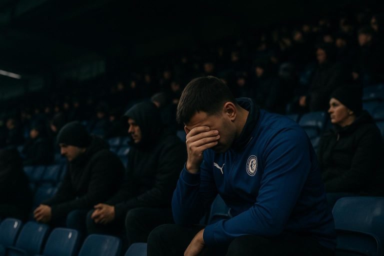Supporters van KAA Gent op de tribunes in de Planet Group arena in een ingetogen rouwsfeer