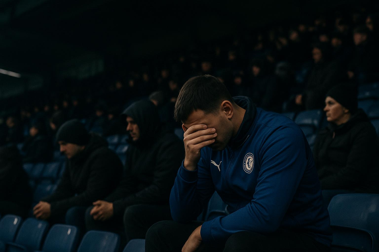Supporters van KAA Gent op de tribunes in de Planet Group arena in een ingetogen rouwsfeer