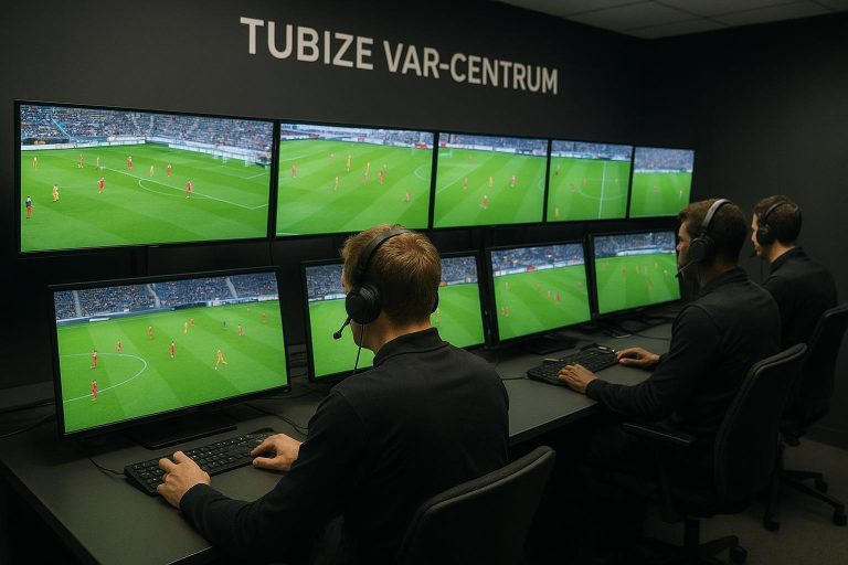 VAR-werkomgeving met monitors in Tubize tijdens een speeldag met gelijktijdige wedstrijden