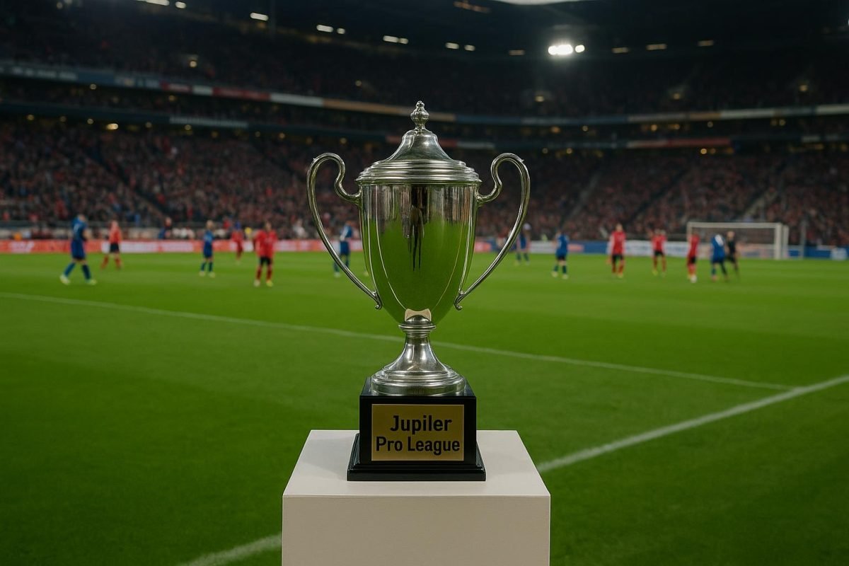 De trofee van de Jupiler Pro League in een stadionomgeving