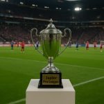 De trofee van de Jupiler Pro League in een stadionomgeving