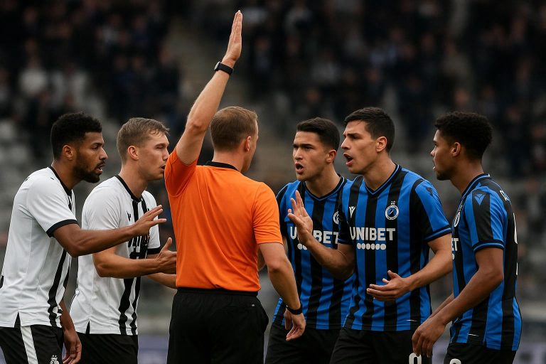 Spelers van Sporting Charleroi en Club Brugge discussiëren met de scheidsrechter in de extra tijd.