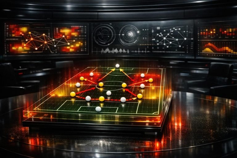 Tactisch schema met dubbele 10 in een 3-4-2-1, met focus op halfspaces en pressinglijnen.