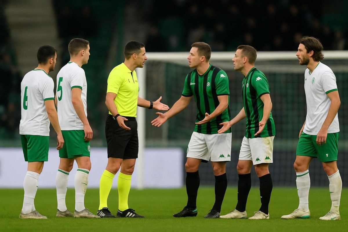 Spelmoment in Cercle Brugge tegen La Louvière na een betwiste penaltyfase met VAR-context