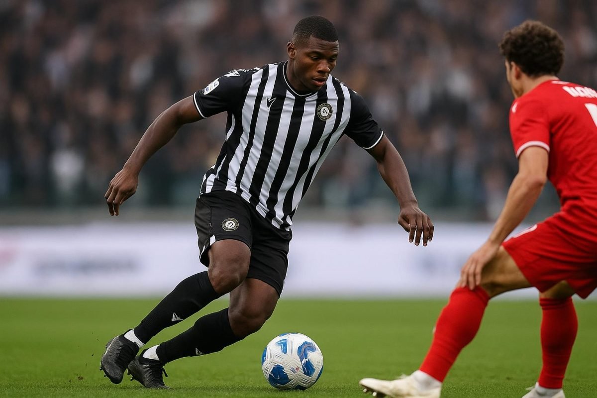 Christian Kabasele van Udinese in actie tijdens een wedstrijd in de Serie A