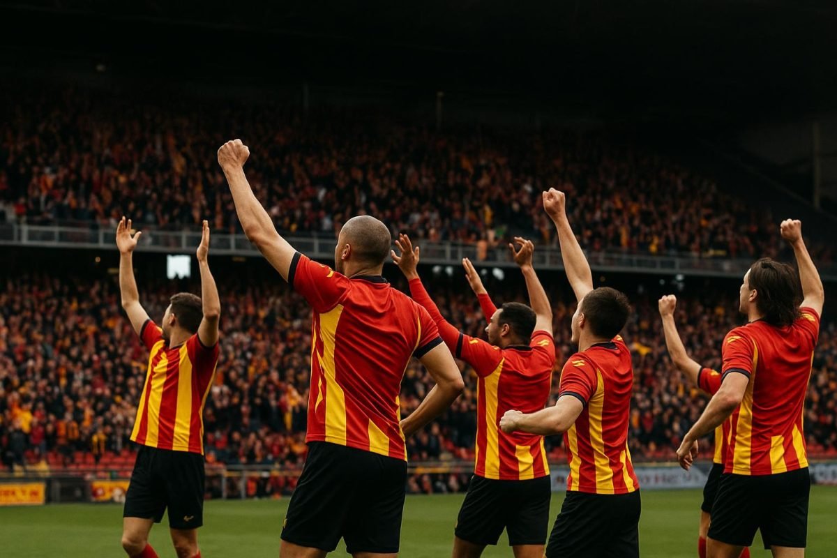 Spelers van KV Mechelen vieren uitbundig in het stadion na de zege tegen RSC Anderlecht.