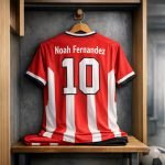 Noah Fernandez in PSV-tenue in actie tijdens een wedstrijd