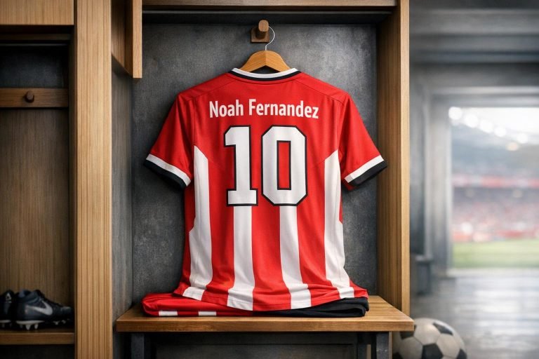 Noah Fernandez in PSV-tenue in actie tijdens een wedstrijd