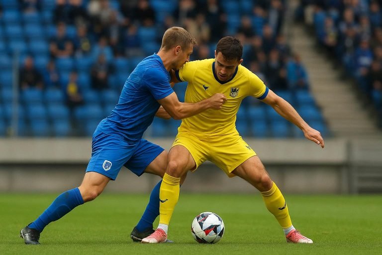 Actiebeeld uit de Limburgse derby tussen KRC Genk en STVV met een duel op het middenveld.