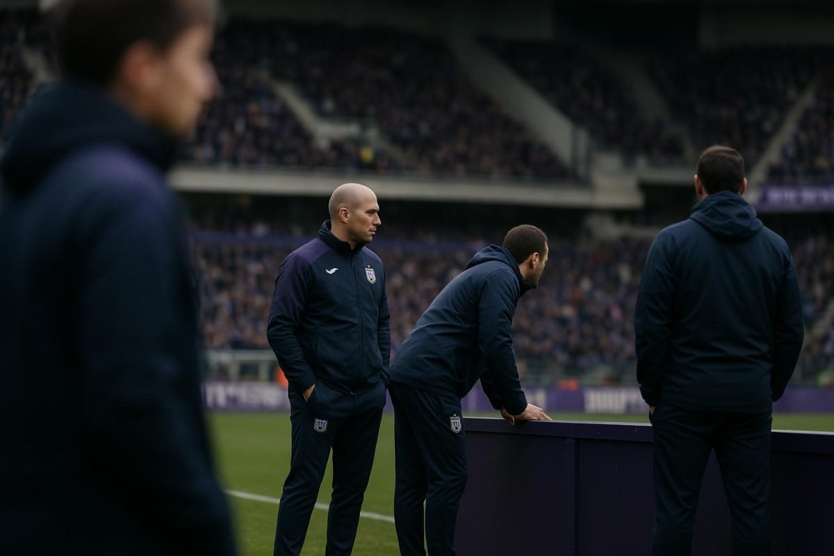 Sfeershot langs de zijlijn bij RSC Anderlecht tijdens een wedstrijd, met focus op de technische zone zonder herkenbare gezichten.