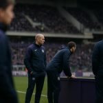 Sfeershot langs de zijlijn bij RSC Anderlecht tijdens een wedstrijd, met focus op de technische zone zonder herkenbare gezichten.