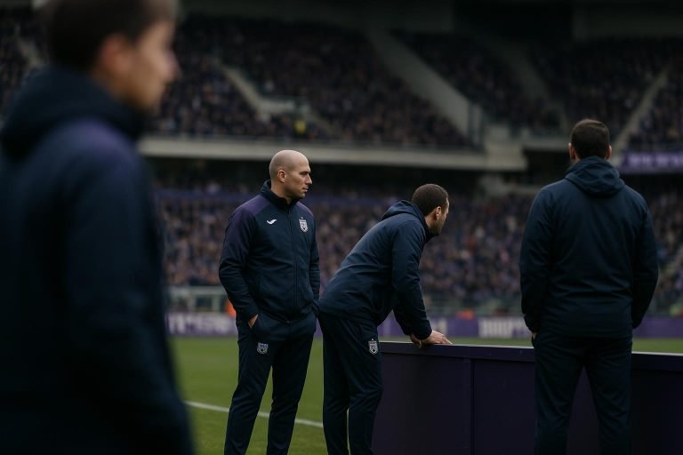 Sfeershot langs de zijlijn bij RSC Anderlecht tijdens een wedstrijd, met focus op de technische zone zonder herkenbare gezichten.