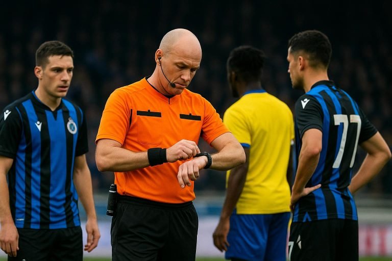 Scheidsrechter op het veld tijdens Sporting Charleroi tegen Club Brugge in de slotfase