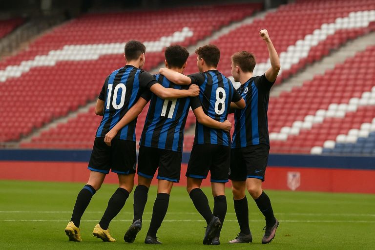 Spelers van Club Brugge U19 vieren in het stadion na de 0-4-zege bij Atlético Madrid in de UEFA Youth League