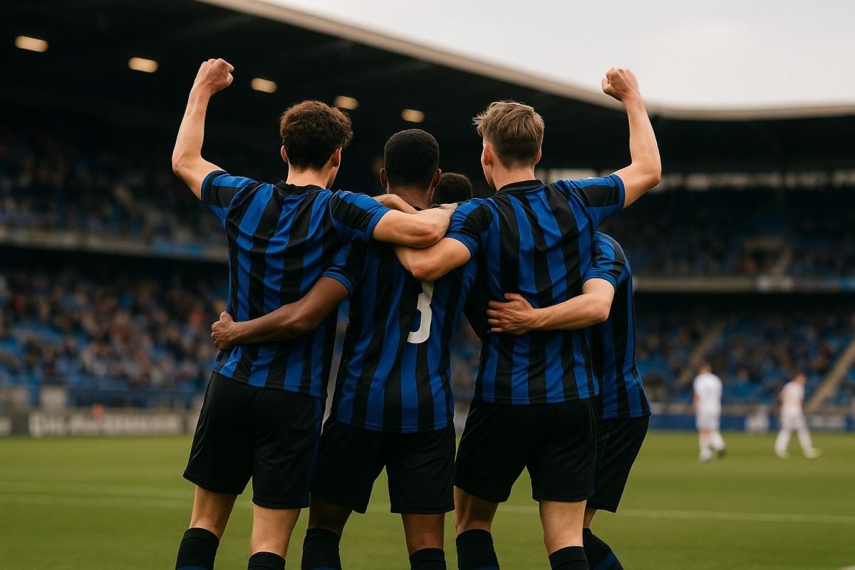 Spelers van Club NXT vieren op het veld na een Youth League-wedstrijd.