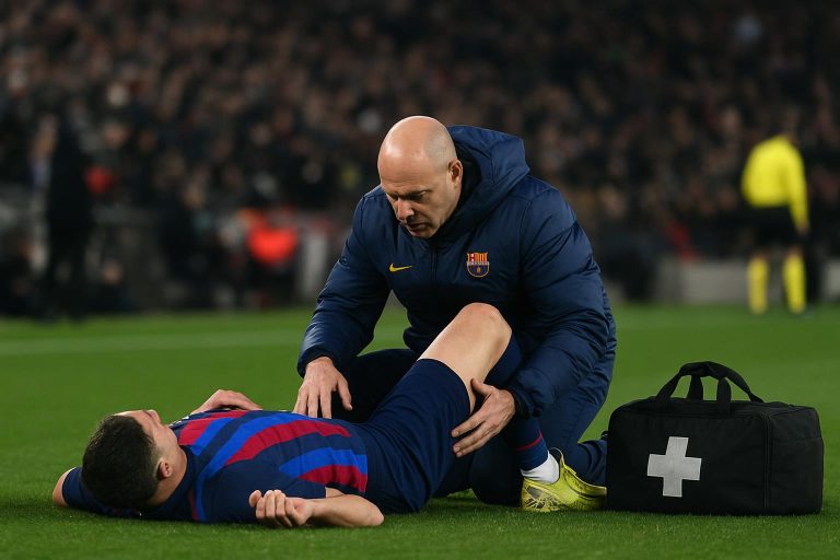 Barcelona-speler op de achtergrond terwijl de medische staf klaarstaat langs de zijlijn