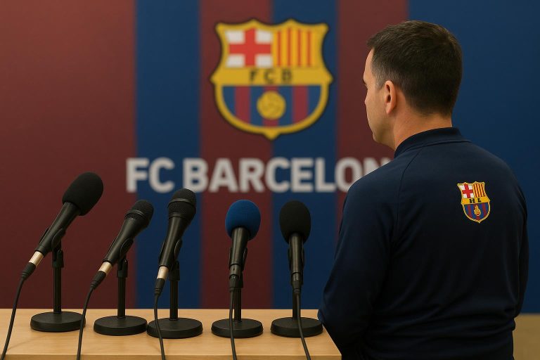 Hansi Flick tijdens een persconferentie van FC Barcelona