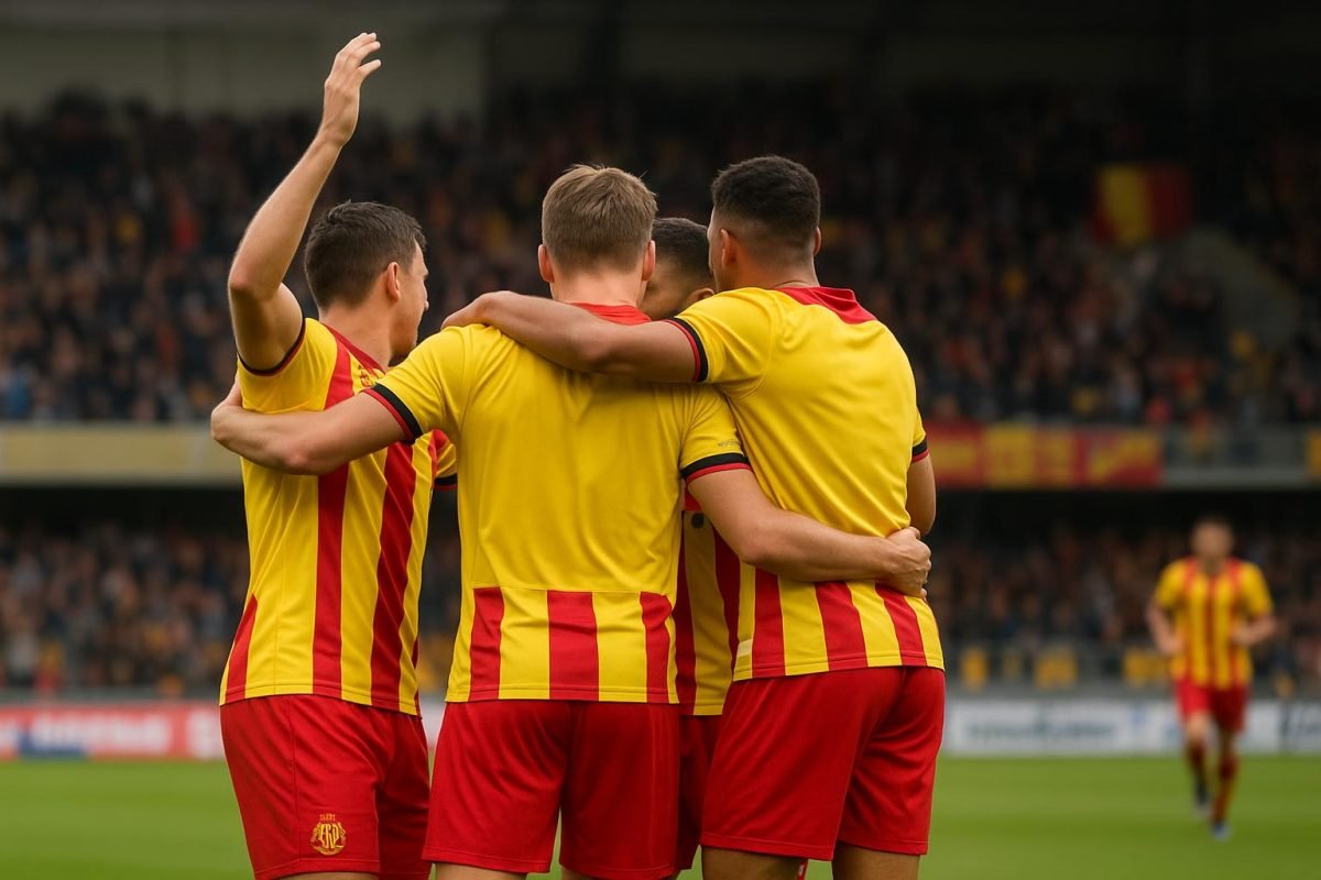 Spelers van KV Mechelen vieren na de zege tegen Anderlecht