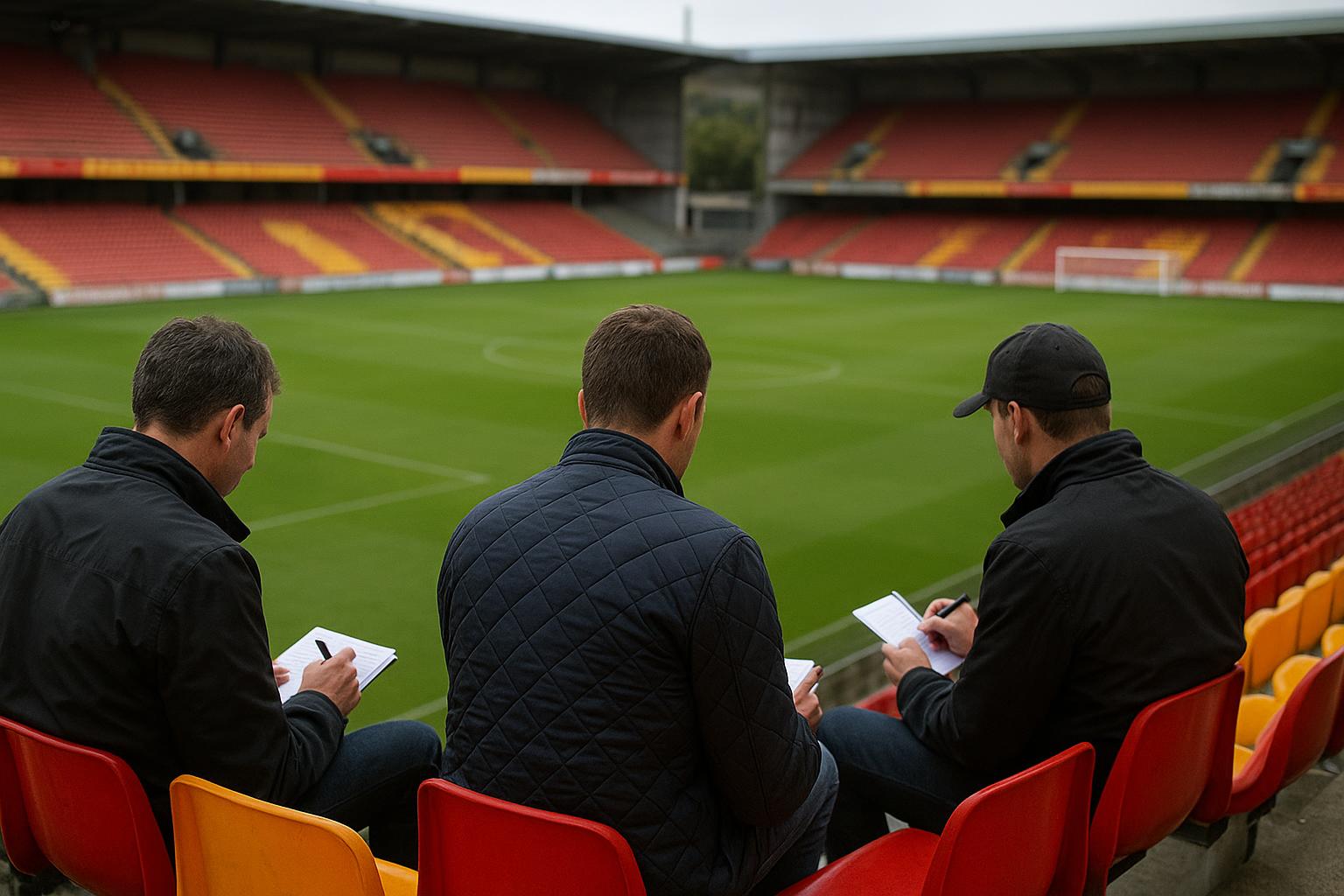 Sfeerbeeld rond KV Mechelen met scouts op de tribune tijdens een wedstrijd