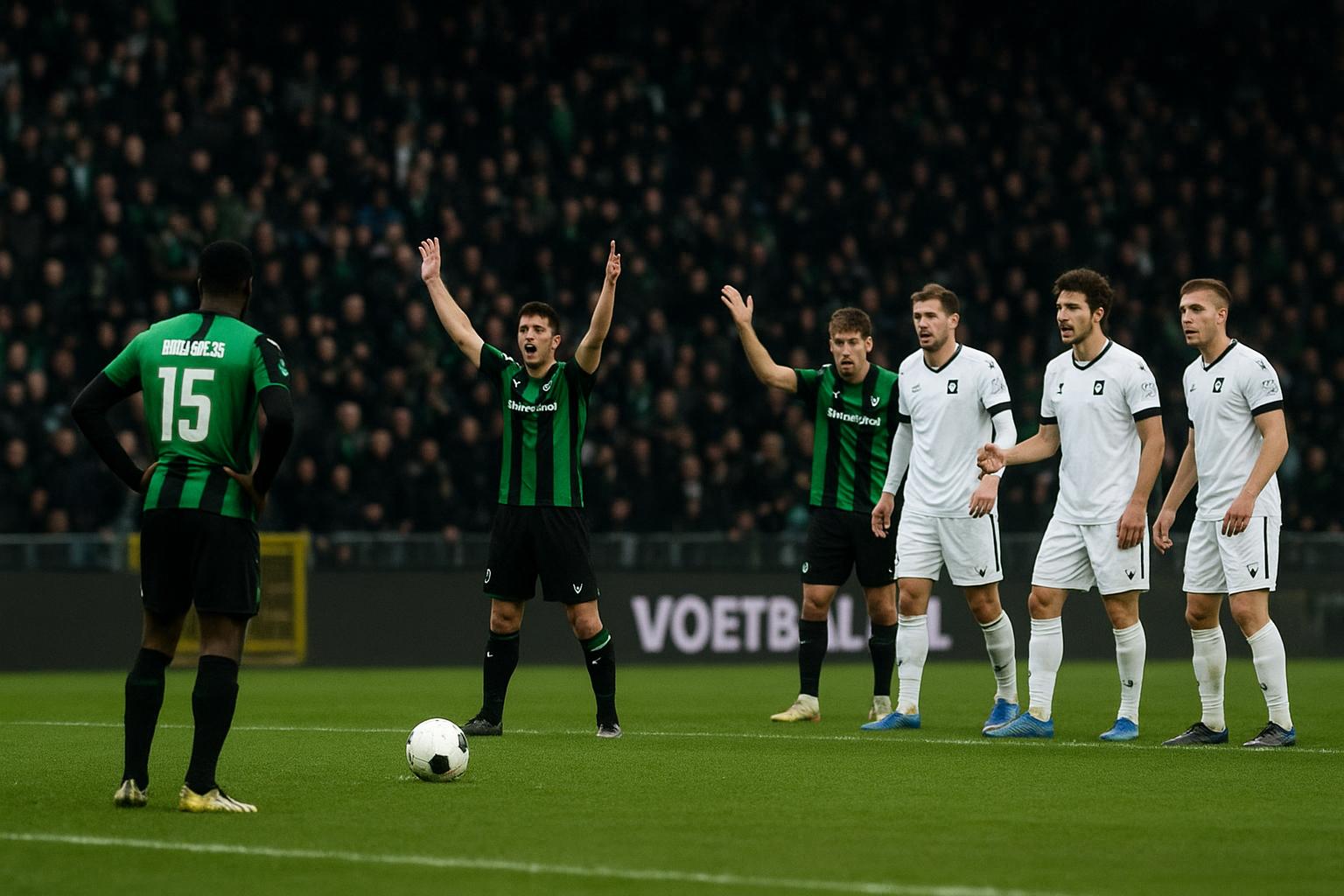 Spelmoment in Cercle Brugge tegen RAAL La Louviรจre met discussie rond een penalty
