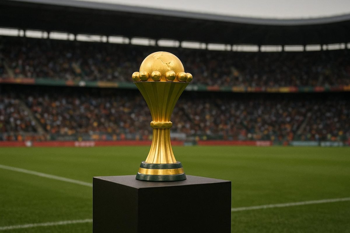 Sfeerbeeld rond een Africa Cup-finale in een stadion, met spelers op de achtergrond zonder herkenbare gezichten.