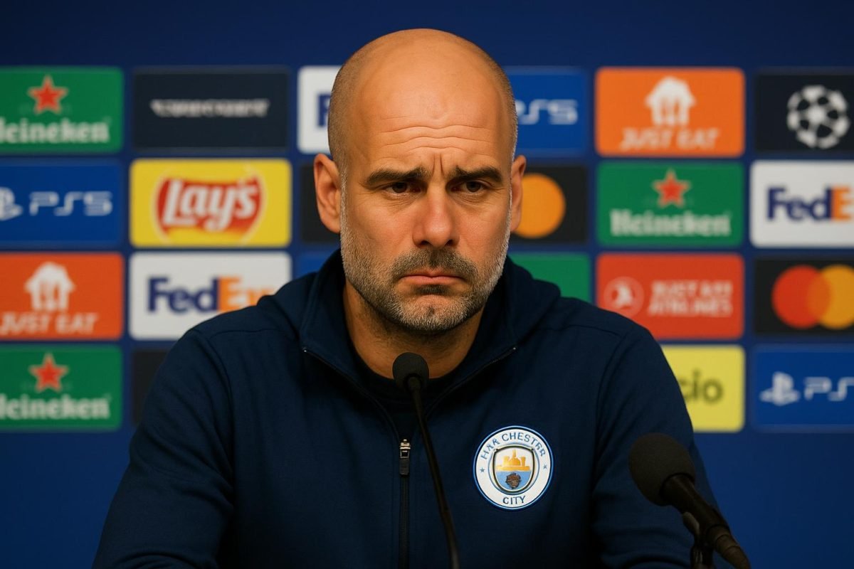 Pep Guardiola tijdens een persconferentie van Manchester City na een Champions League-wedstrijd