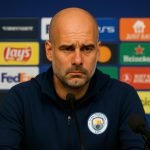 Pep Guardiola tijdens een persconferentie van Manchester City na een Champions League-wedstrijd