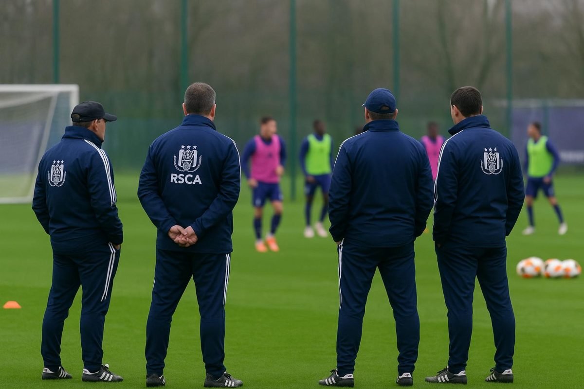 Jérémy Taravel in Anderlecht-context tijdens een trainingsmoment, met focus op de staf en het veld.