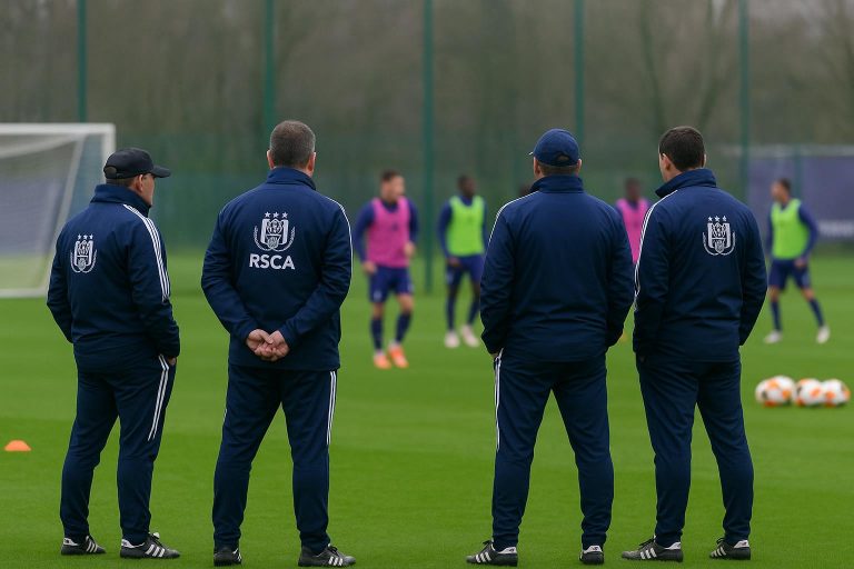 Jérémy Taravel in Anderlecht-context tijdens een trainingsmoment, met focus op de staf en het veld.