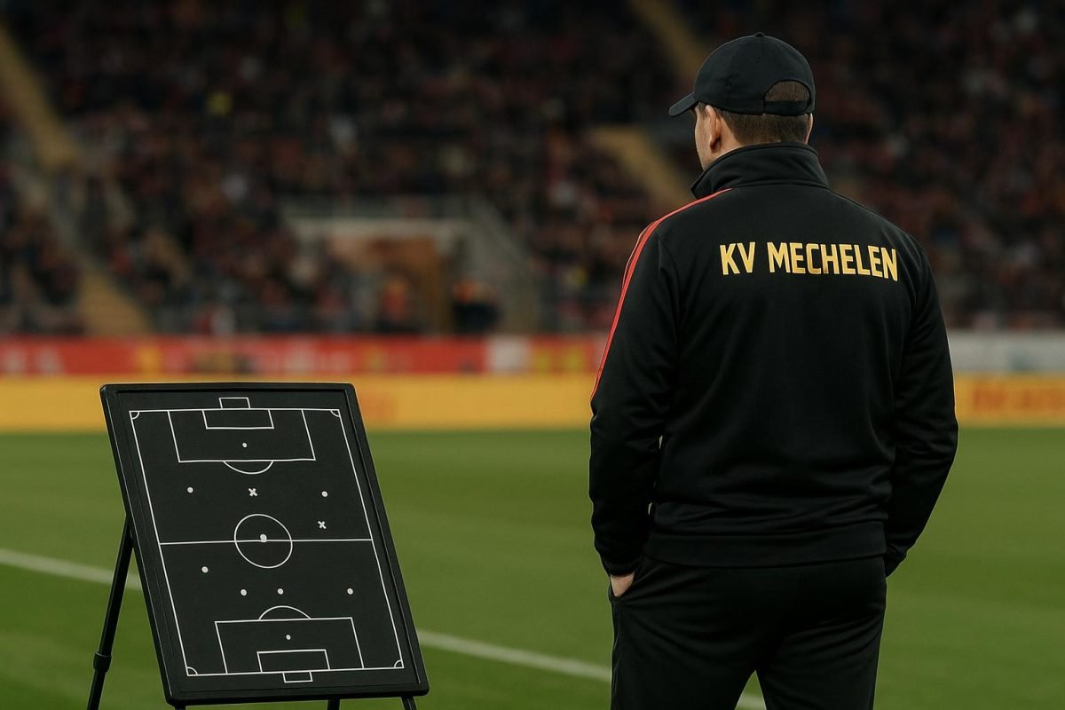 Fred Vanderbiest coacht KV Mechelen langs de zijlijn in de Jupiler Pro League.