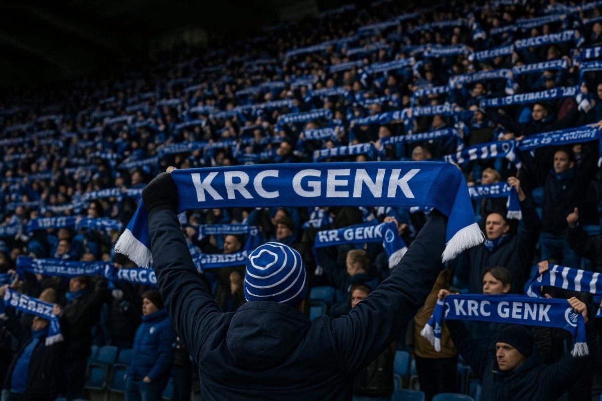 Supporters van KRC Genk op de tribune tijdens een wedstrijd in de Cegeka Arena.