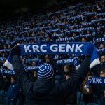Supporters van KRC Genk op de tribune tijdens een wedstrijd in de Cegeka Arena.