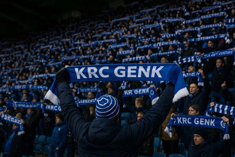 Supporters van KRC Genk op de tribune tijdens een wedstrijd in de Cegeka Arena.