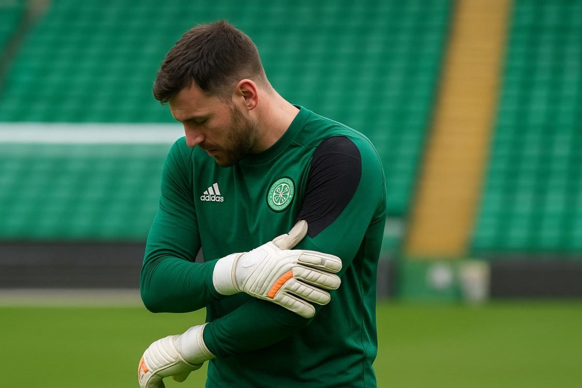 Kasper Schmeichel, doelman van Celtic en ex-RSC Anderlecht, in een trainingscontext terwijl hij kampt met een schouderblessure.