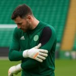 Kasper Schmeichel, doelman van Celtic en ex-RSC Anderlecht, in een trainingscontext terwijl hij kampt met een schouderblessure.
