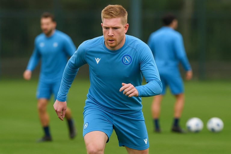 Kevin De Bruyne in trainingskledij bij Napoli tijdens een sessie op het oefencomplex