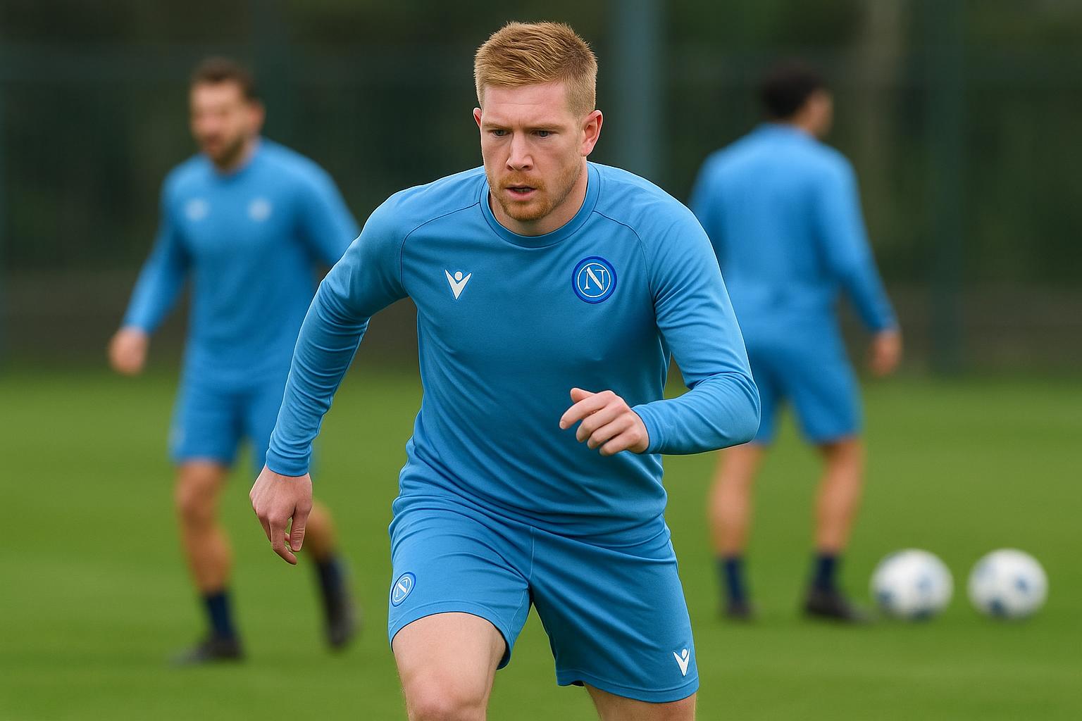 Kevin De Bruyne in trainingskledij bij Napoli tijdens een sessie op het oefencomplex