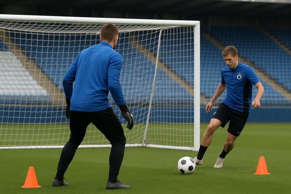 Doelzone in het Jan Breydelstadion bij Club Brugge, met keepersmateriaal op de achtergrond.