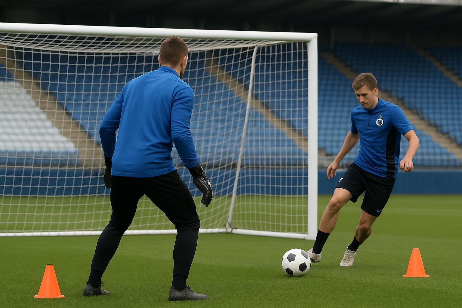 Doelzone in het Jan Breydelstadion bij Club Brugge, met keepersmateriaal op de achtergrond.