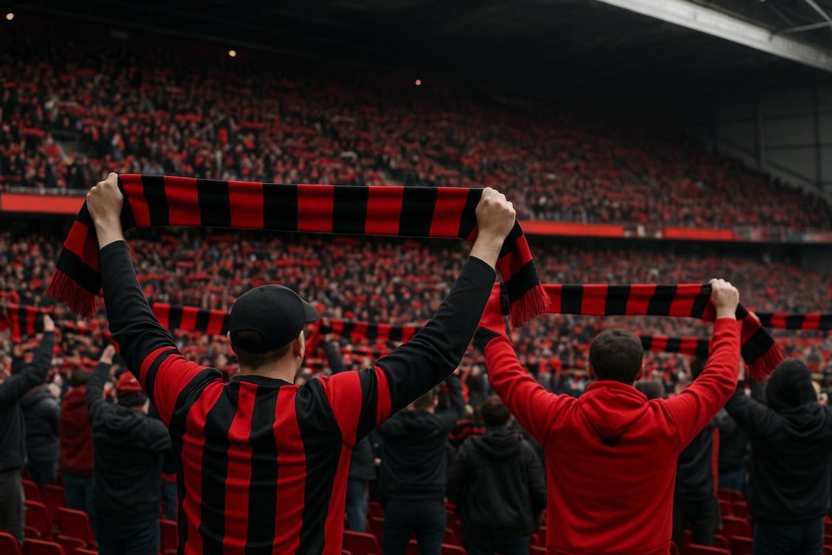 Supporters van RFC Seraing in het Stade du Pairay tijdens een wedstrijd in de Challenger Pro League